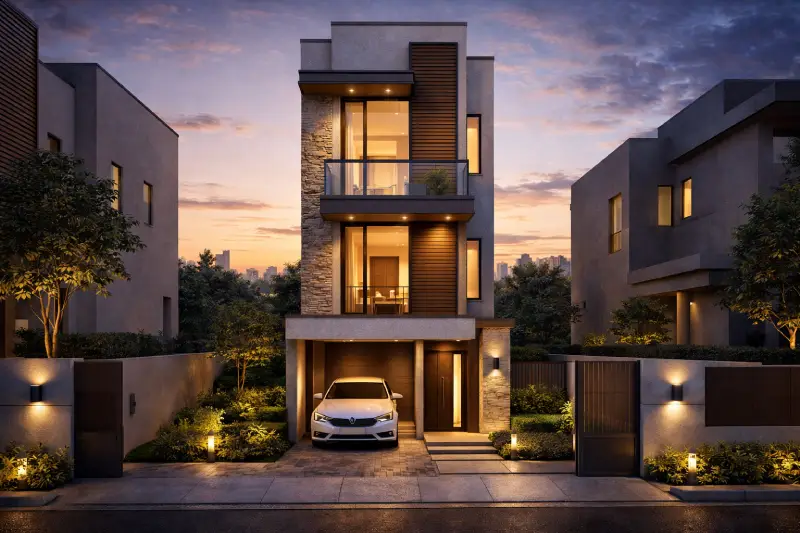 G+2-4-BHK-house-exterior-design-with-parking-small-garden